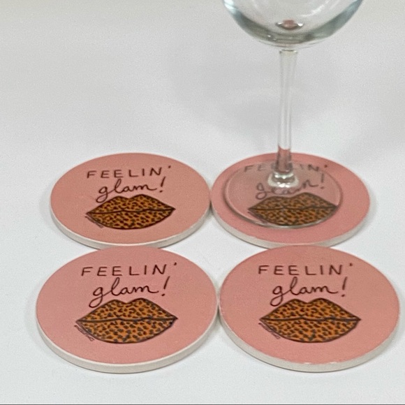 FEELING GLAM Absorbent Stone  Coasters 4 Pack Blush Pink Animal Print Lips Gift - Picture 5 of 14